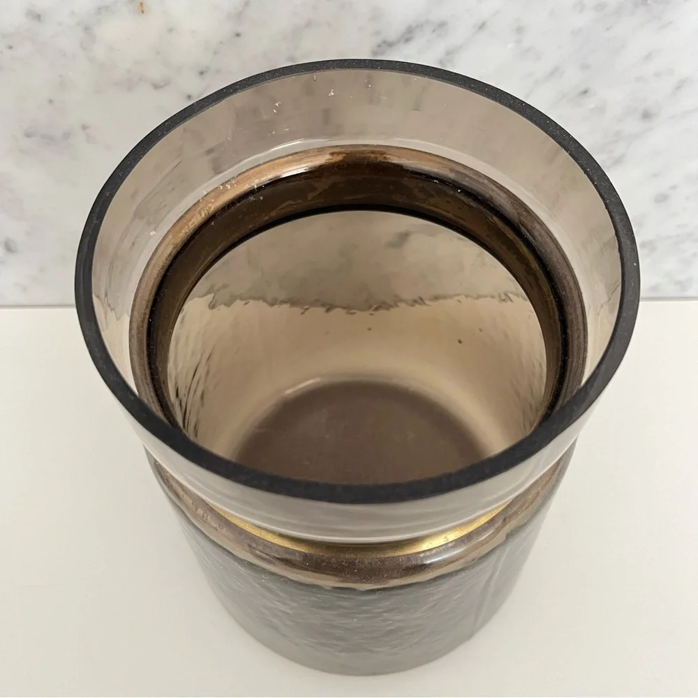Large Brown Glass Vase Jar Textured Metal Band MCM Neutral Minimalist Moody